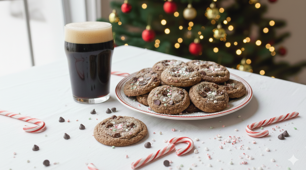A table with a plate of peppermint mocha stout chocolate chip cookies and a stout, with a christmas tree background.