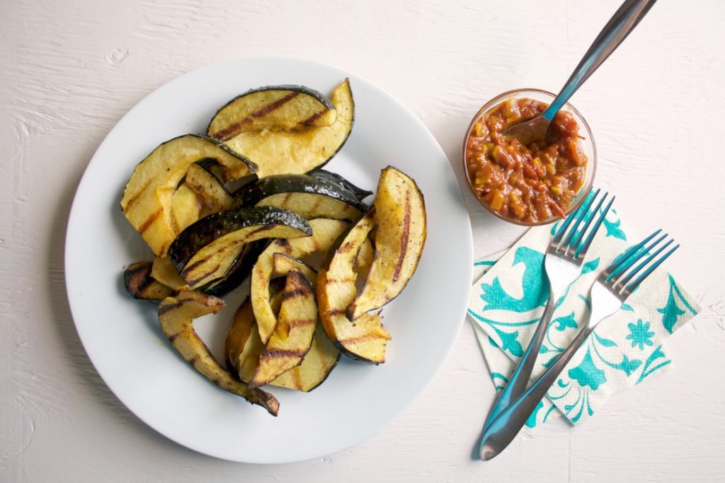 Grilled Acorn Squash with Tomato Curry Chutney